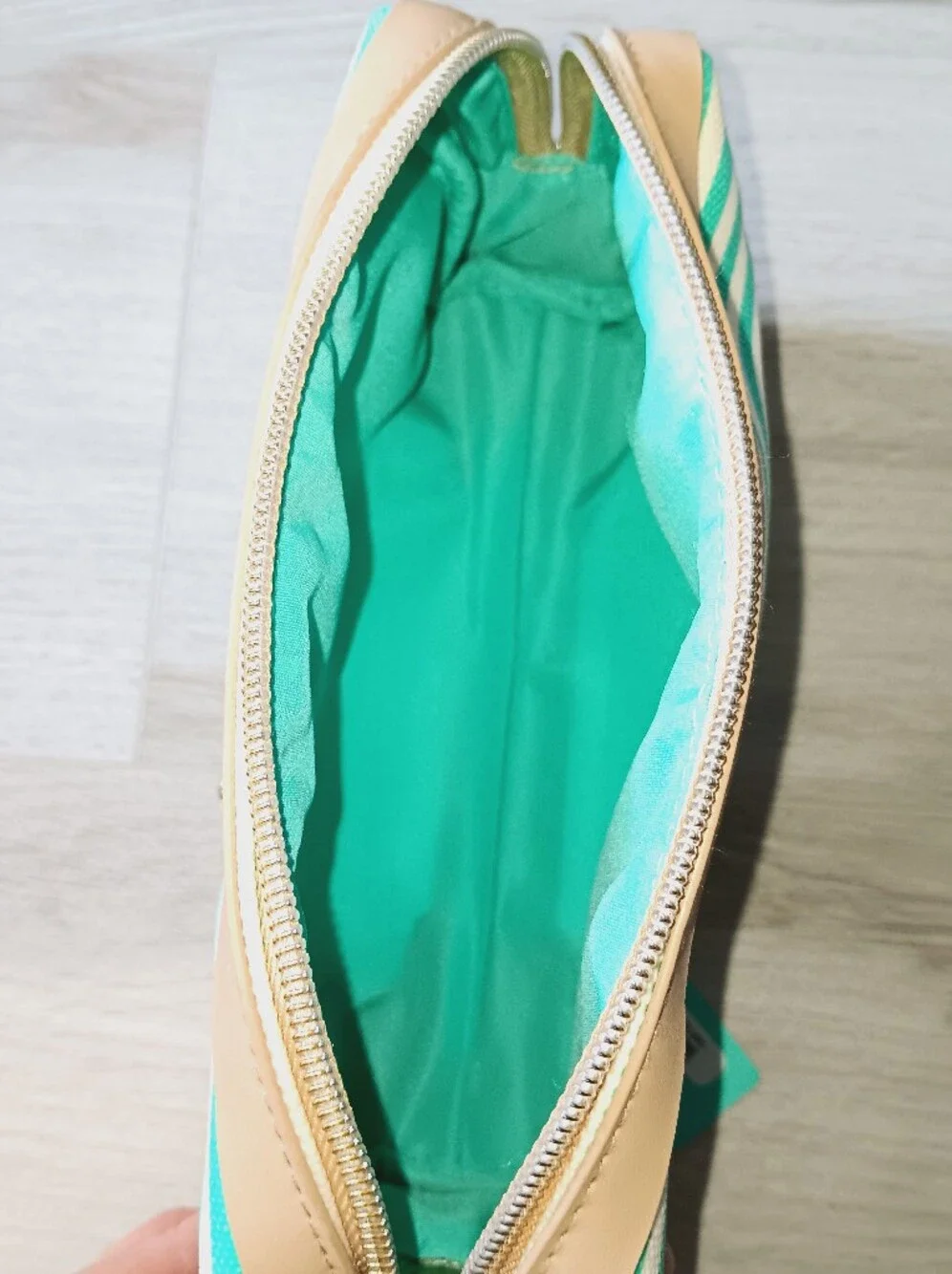 Victoria's Secret Pure Daydream Cosmetics Bag Striped Faux Leather Aqua White